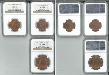 New Zealand 1941-42 lot of 3x copper coins NGC Graded