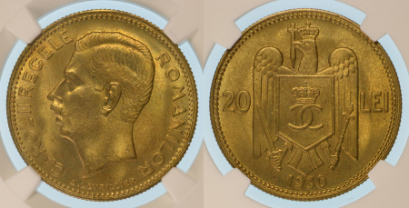 Romania 1930 (London Mint) Aluminium Bronze 20 Lei *MS 65*
