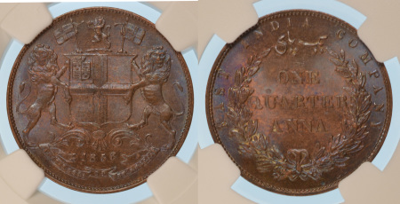 India (British) 1858 Cu 1/4 Anna (S&W: 3.78, Type B/1) 