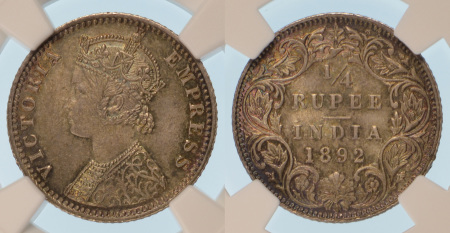 India (British) 1892B Ag 1/4 Rupee toned *MS 64*