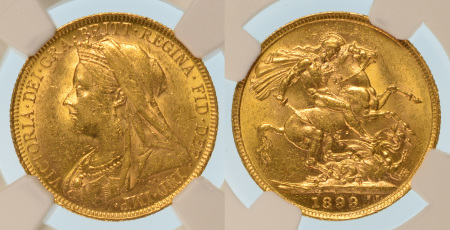 Australia 1899P Au Sovereign, Perth mint, Victoria OH, 0.2354oz