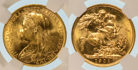 Australia 1901S Au Sovereign, Sydney mint, Victoria OH, 0.2354oz