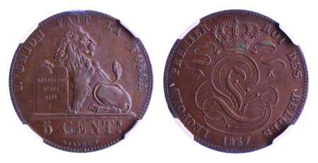 Belgium 1857 Cu 5 Cents *AU 58*