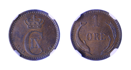 Denmark 1883 CS Cu 1 Ore, NGC Graded MS 64 Brown, 