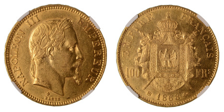 France 1868 BB - 100 francs - NGC AU 58 Rare date (KM 802.2) .9334 oz net
