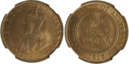 Australia 1912H Cu 1/2 Penny *MS 65 RB* 