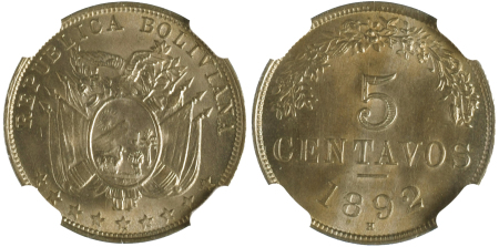 Bolivia 1892 Ag; 5 Centavos *NGC MS 65*