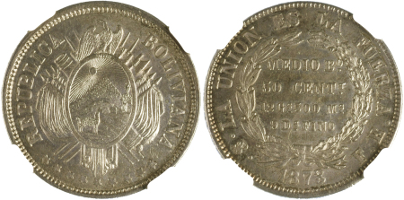 Bolivia 1873 PTS FE, Ag; 50 Centavos *MS 62*
