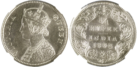 India 1862(C) Ag; 1/4 Rupee *MS 63*