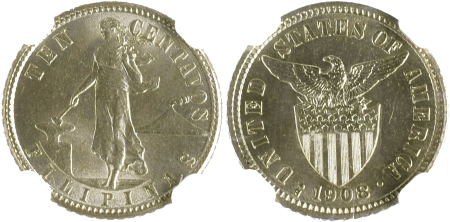 S. Philippines, 1908, 10 Centavos, Ag *MS 65*