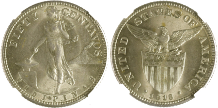 S. Philippines, 1918, 50 Centavos, Ag *MS 65*