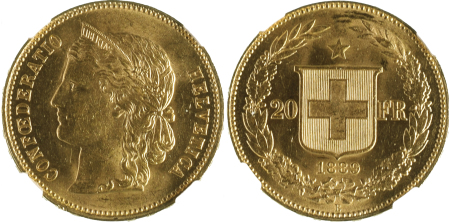Switzerland 1889 B 20 Francs *MS 62*