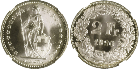 Switzerland 1920 2 Francs *MS 67*