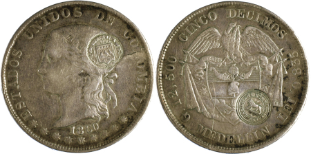 Costa Rica 1880  Ag Counter Mark on Colombia 5 Decimos (Medellin) 