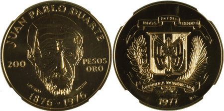 Dominican Republic 1977 Au; 200 Pesos *MS 67*