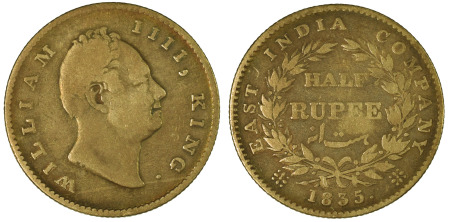 India / British EIC 1835C 1/2 Rupee "RS" Incuse - XF