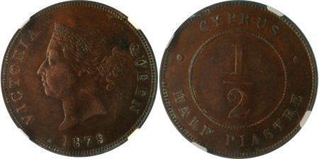 Cyprus 1879 Cu 1/2 Piastre, Victoria *AU 55 B*