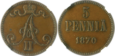 Finland 1870 Cu 5 Pennia *XF 45 B*