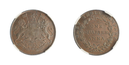 India (British E.I.C.) 1835 C; Cu 1/4 Anna (S&W-1.89, Type A73)