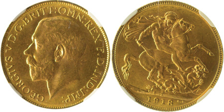 India (British) 1918 (i); Au Sovereign, George V *MS 64*