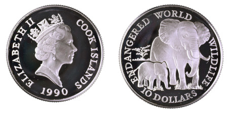Cook Islands 1990 Ag $10 Proof, Elephant & Calf