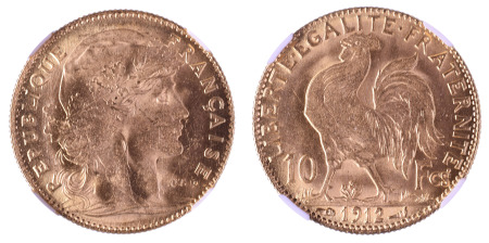 France 1912 Au; 10 Francs *MS 63*