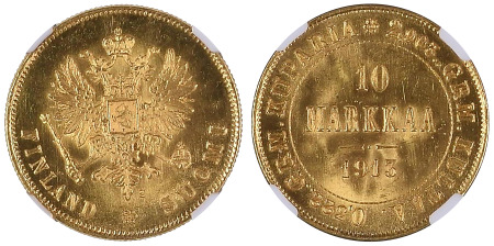 Finland 1913 S, Au 10 Markkaa, NGC MS 66