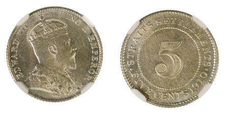 Straits Settlements 1910B Ag 5 Cents