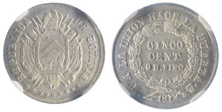 Bolivia 1872PTS FE Ag 5 Centavos (KM: 156.3) 