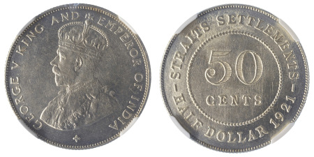 Straits Settlements 1921 Ag 50 Cents, Cross Below Bust, George V