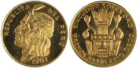 Peru 1967 Au; 50 soles Inca *MS 65*