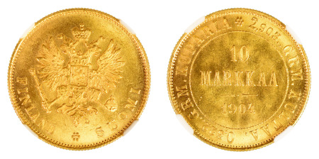 Finland 1904 L, gold 10 Markkaa,  NGC MS 65