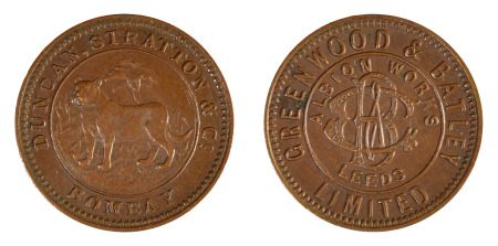 India (British) 1901 -1910 Cu 2 Annas Token "Duncan, Stratton & Co. Bombay" 