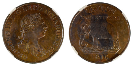 Ceylon 1815 Cu 2 Stuivers - No rose below bust *MS 62 BN*