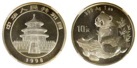 China 1998 Ag 10 Yuan Silver PANDA LARGE DATE *MS 68*