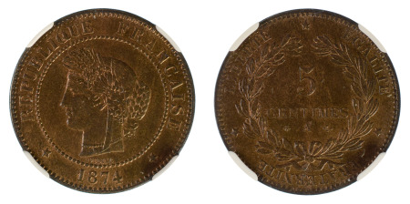 France 1874A Cu 5 Centimes *MS 64 RB*