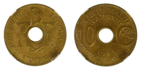 French Equatorial Africa 1943 Ni Br 10 centimes KM 4 *MS 63*