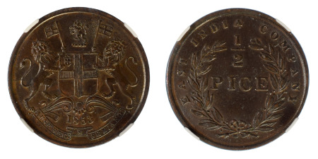 India / British EIC 1853© Cu ½ Pice *MS 63 BN*