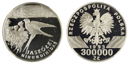 Poland 1993MW Ag 300'000 Zlotych "Barn Swallow & Chicks" *PROOF 68 ULTRA CAMEO*