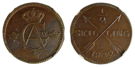 Sweden 1802 Cu ½ Skilling, Crowned Monogram *MS 64 BN*