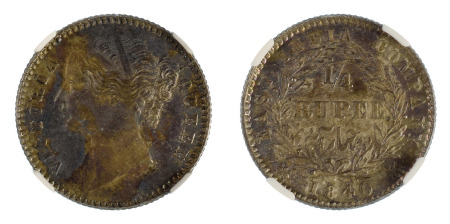 India / British EIC 1840 (B&C 1/4 Rupee, S&W 3.54 Type A/2  NGC AU 58