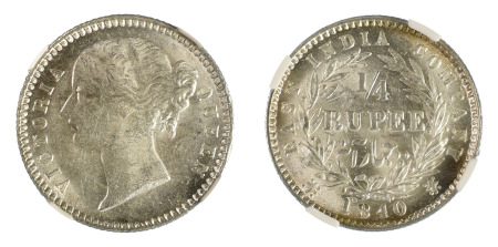 India / British EIC 1840 (B&C 1/4 Rupee, S&W 3.54 Type A/1,   NGC MS 64