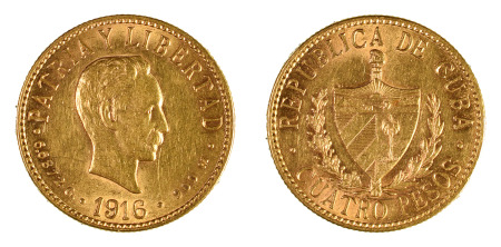Cuba 1916 Au 4 Pesos, Scarce denomination