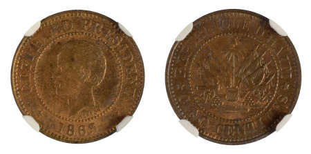 Haiti 1863 Heaton 5 centimes, KM 39, NGC MS 63 BN