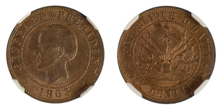 Haiti 1863 Heaton 10 centimes, KM 40, NGC MS 64 BN