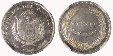 El Salvador 1892 CAM Ag 20 Centavos