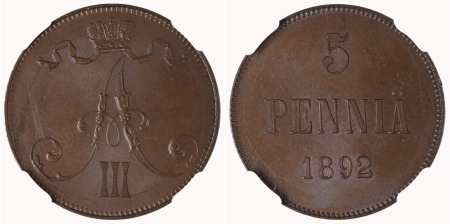 Finland 1892 Cu 5 Pennia, scarce date