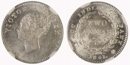 India (British E.I.C.) 1841C Ag 2 Annas, Victoria 