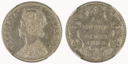 India (British) 1889 B Ag ¼ Rupee (incuse Mint Mark) 