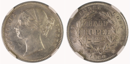 India (British E.I.C.) 1840 (B&C) Ag ½ Rupee 
